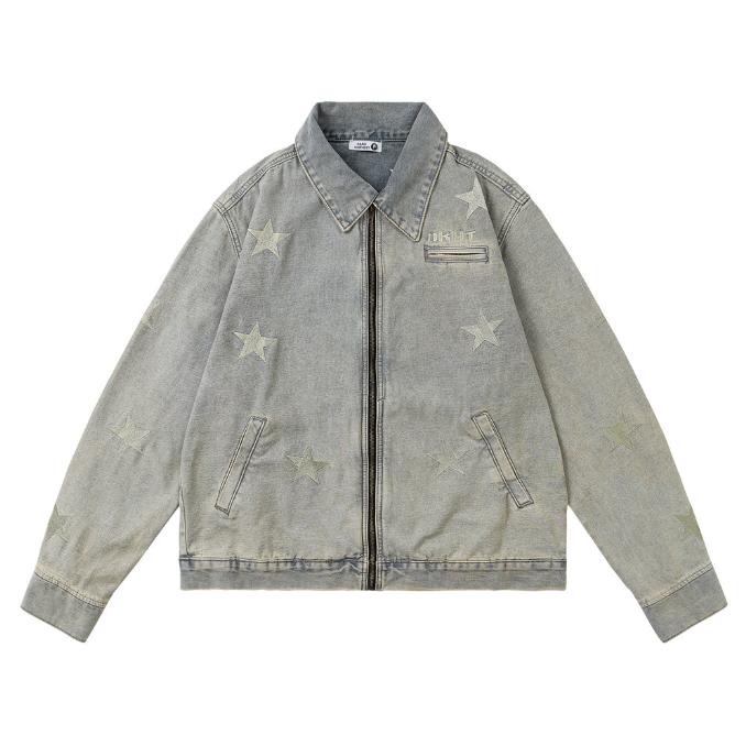 Men's Trendy Denim Jacket with Zipper Lapel and Embroidered Pentagram