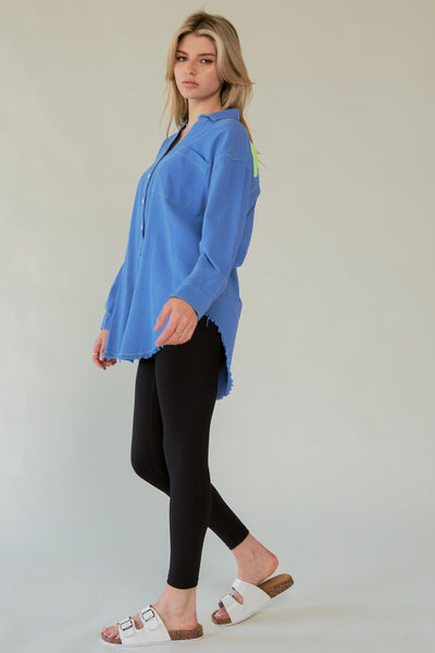 Davi & Dani Letter Back Raw Hem Half Button Shirt Style