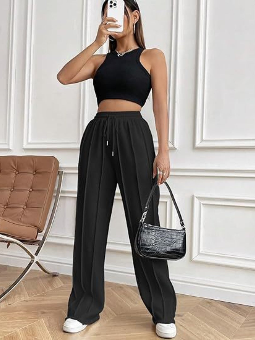 Casual Chic Wide Leg Drawstring Trousers with Pockets