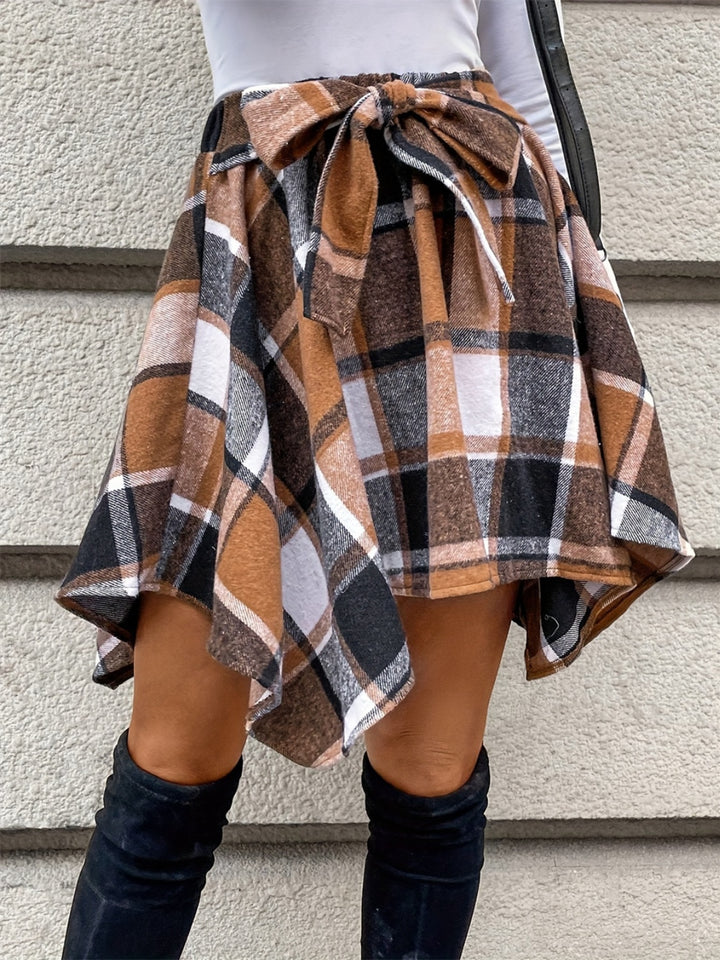 Plaid Tied Asymmetrical Skirt with Sheer Detail