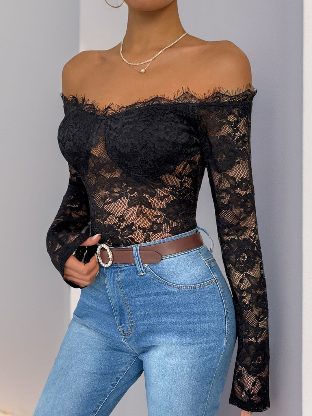 Chic Off-Shoulder Lace Long Sleeve Bodysuit by Perfee