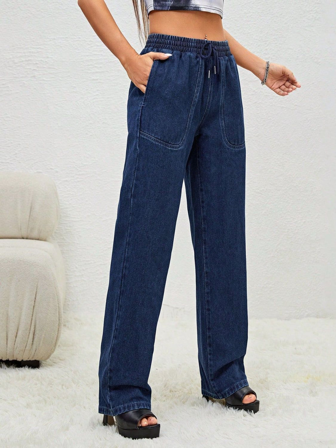 Adjustable Drawstring Waist Jeans with Functional Pockets