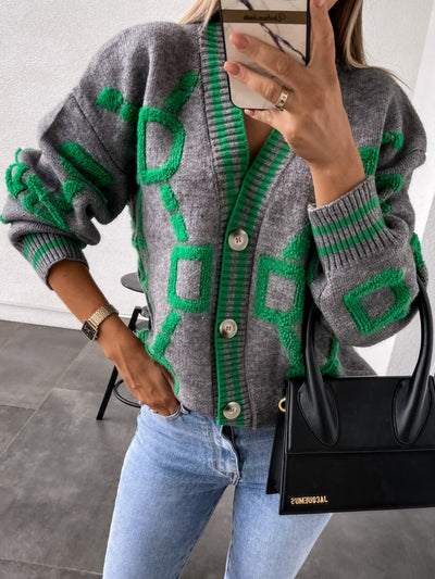 Geometric Dropped Shoulder Button Down Cardigan for Women