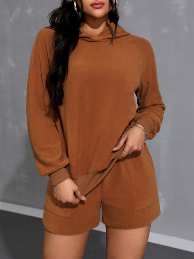 Cozy Long Sleeve Hoodie and Pocketed Shorts Ensemble Set