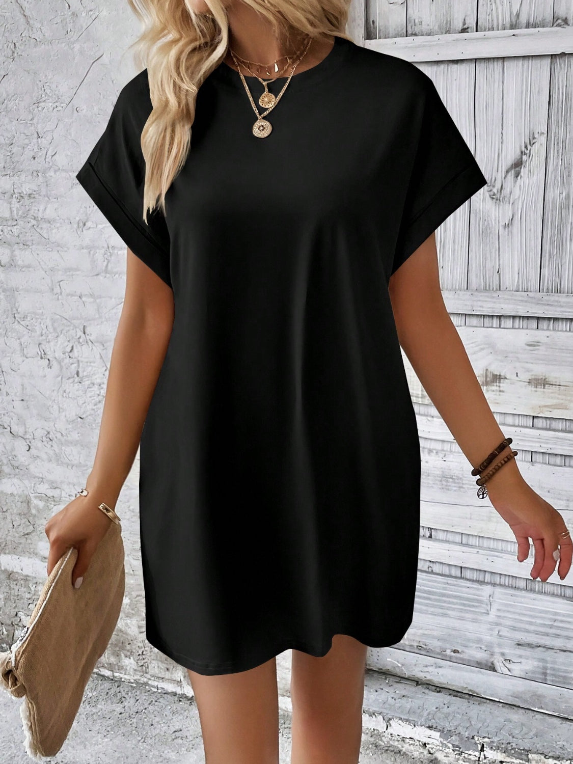 Effortless Elegance Short Sleeve Round Neck Mini Dress for All Occasions
