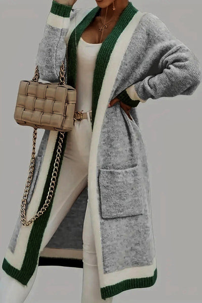 Pocketed Contrast Long Sleeve Hooded Cardigan for Women