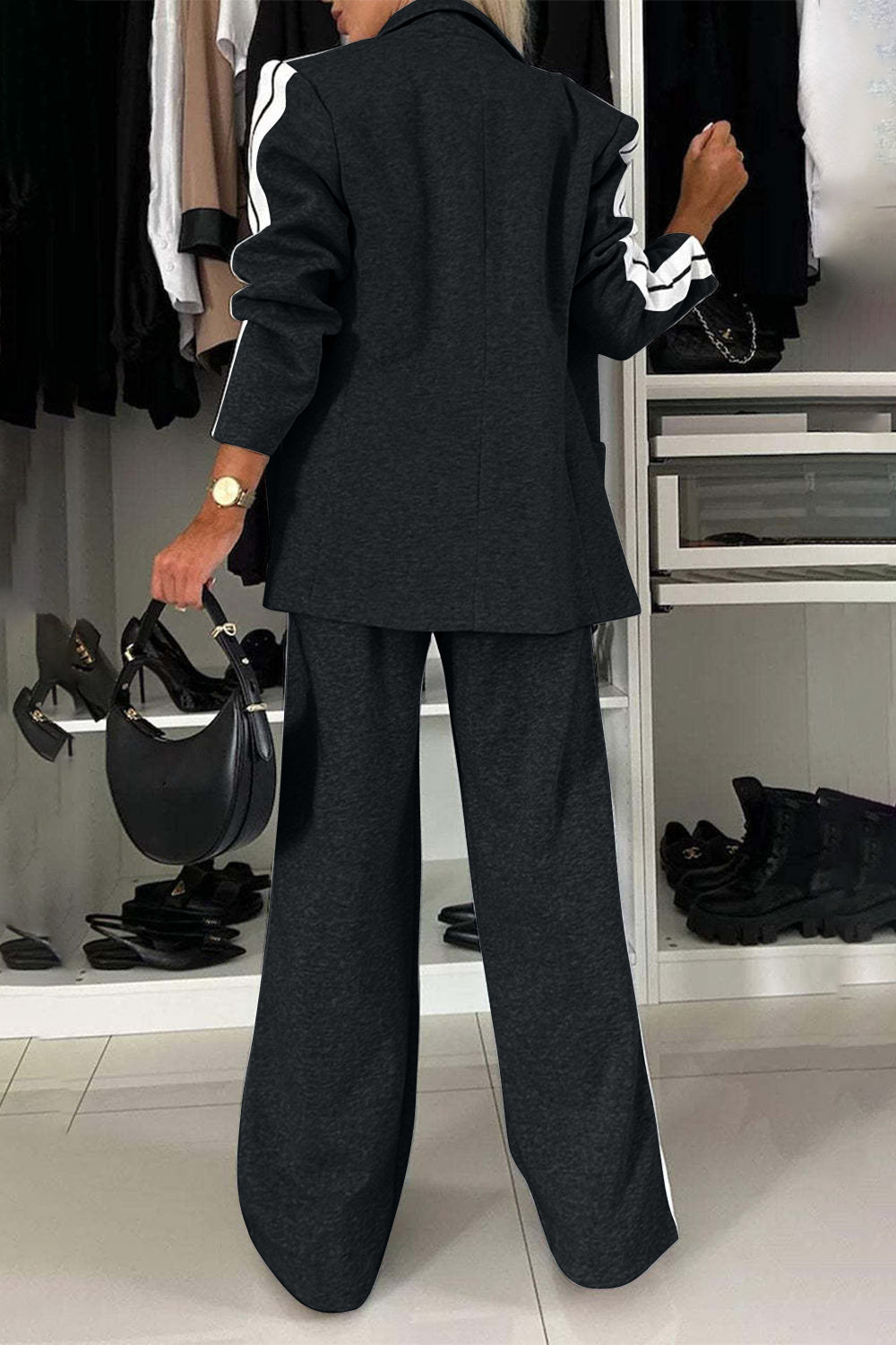 Full Size Contrast Lapel Collar Top and Pants Set for Women