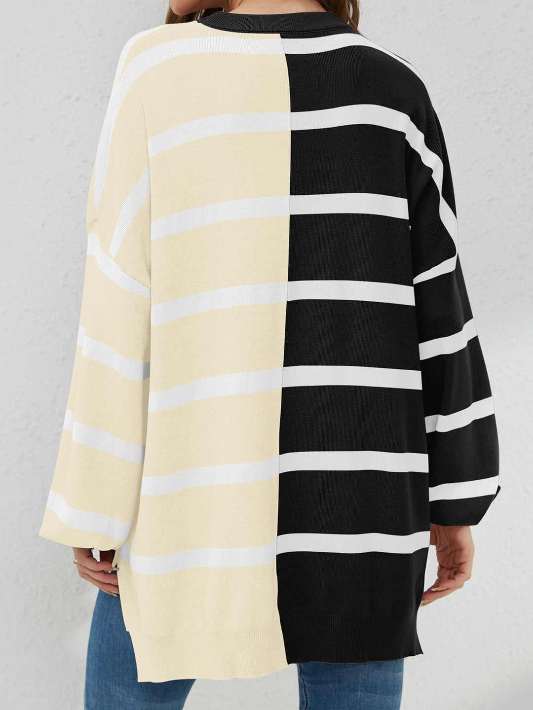 Chic Striped Knit Sweater with Round Neck and Long Sleeves