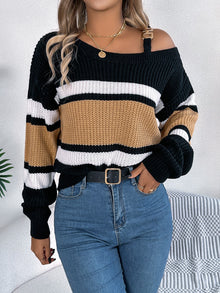 Color Block Asymmetrical Neck Long Sleeve Sweater for Women
