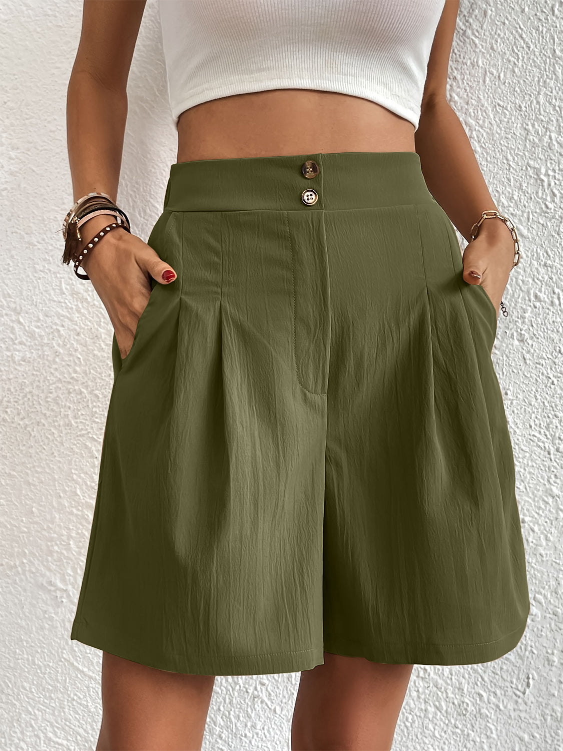 Elegant Ruched Elastic Waist Shorts with Pockets for Women