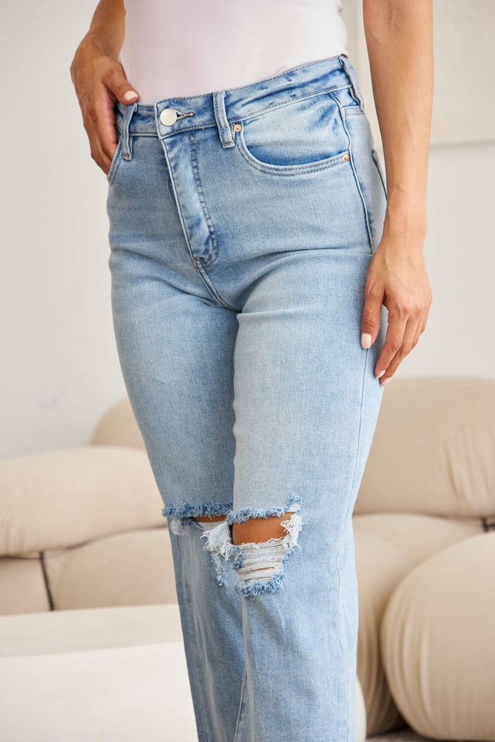 High Waist Distressed Tummy Control Jeans with Raw Hem Finish