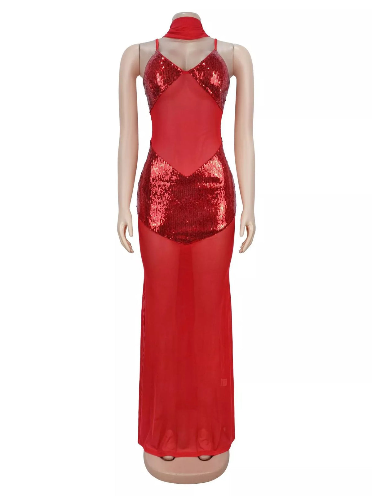 Sequin V-Neck Sheer Mesh Maxi Dress