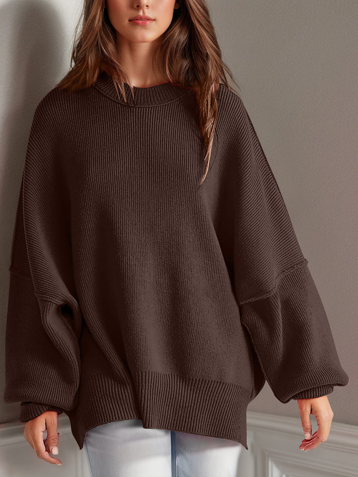 Chic Side Slit Long Sleeve Sweater with Round Neck