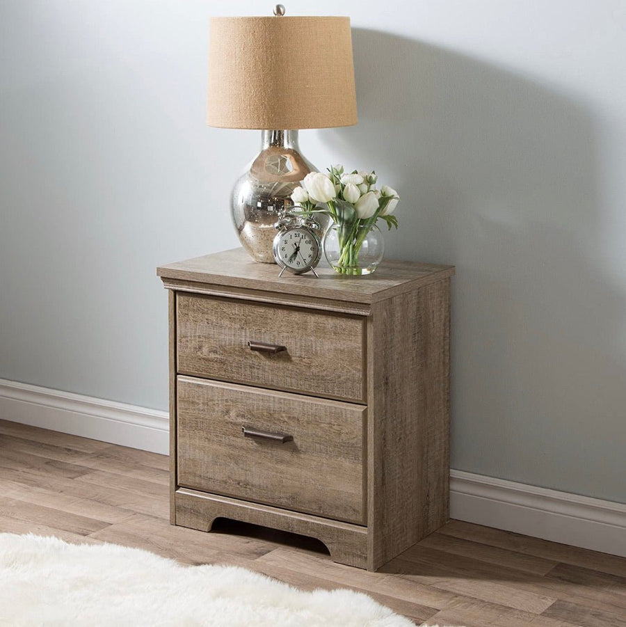 2-Drawer Nightstand, Weathered Oak with Antique Handles - Ruth Envision