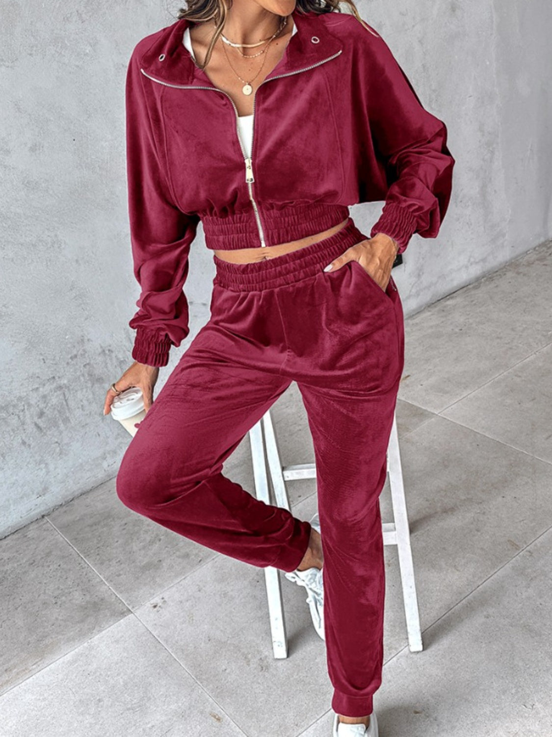 Cropped Zip-Up Long Sleeve Top and Jogger Set for Women