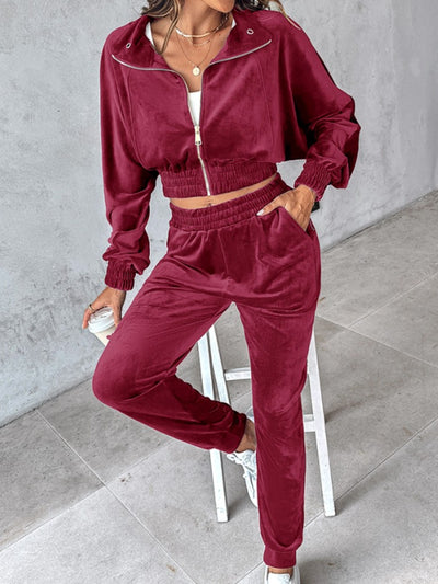 Cropped Zip-Up Long Sleeve Top and Jogger Set for Women
