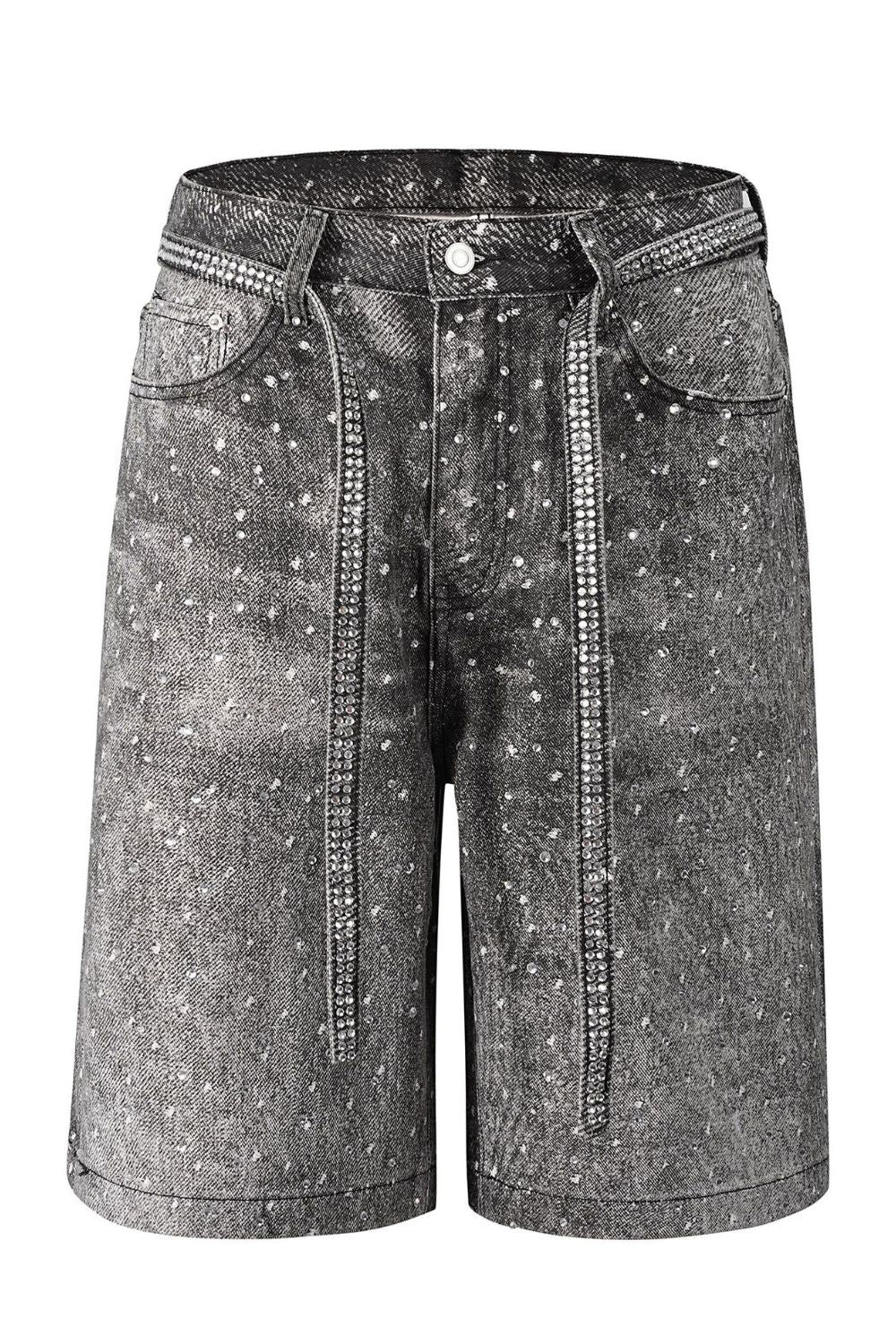 Men's Washed Rhinestone Denim Bermuda Shorts for Summer