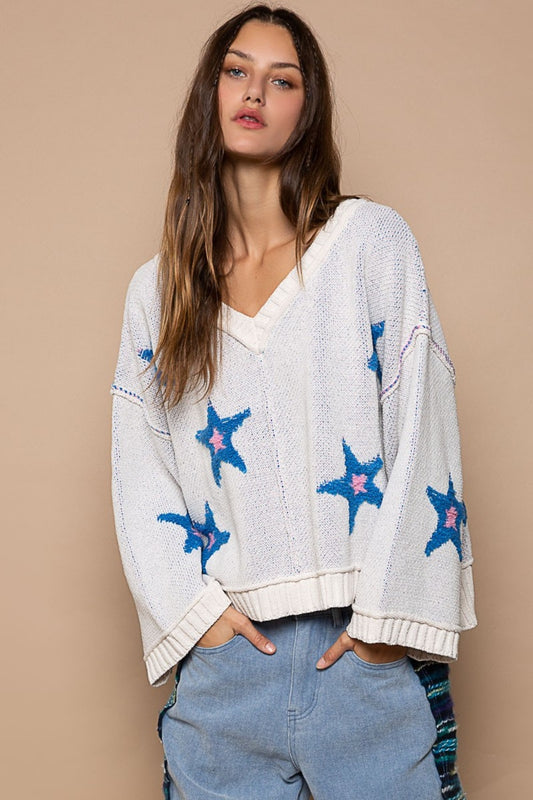 Starry V-Neck Color-Blocked Sweater for Effortless Style