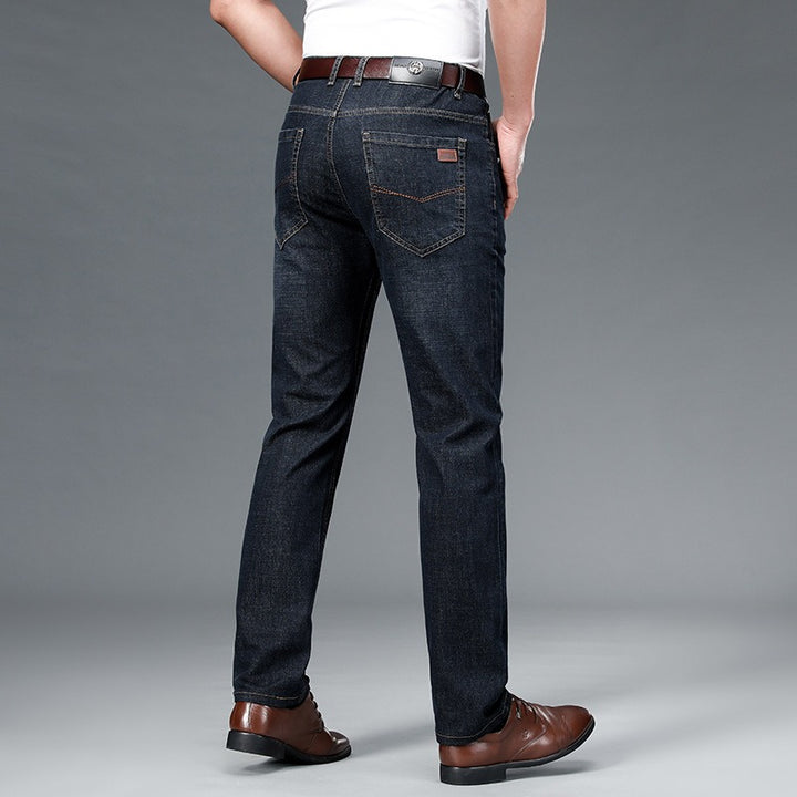 Men's Relaxed Fit Mid-Rise Straight-Leg Cotton Jeans with Stretchy Waistband