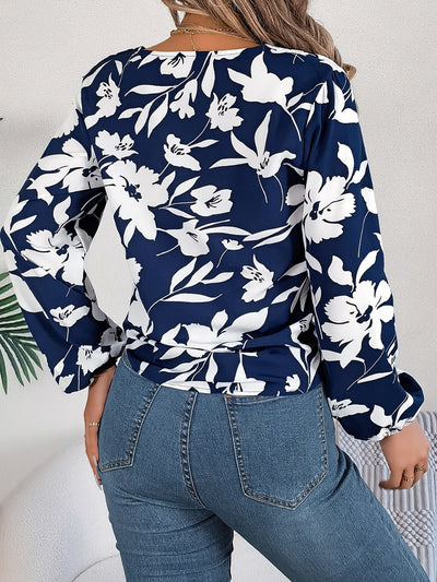 Elegant Printed Long Sleeve V-Neck Blouse for Women