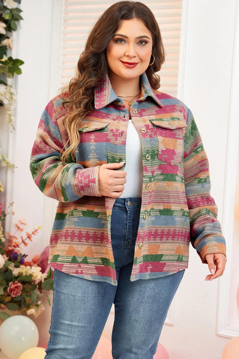 Chic Plus Size Printed Jacket with Pockets and Collared Neck