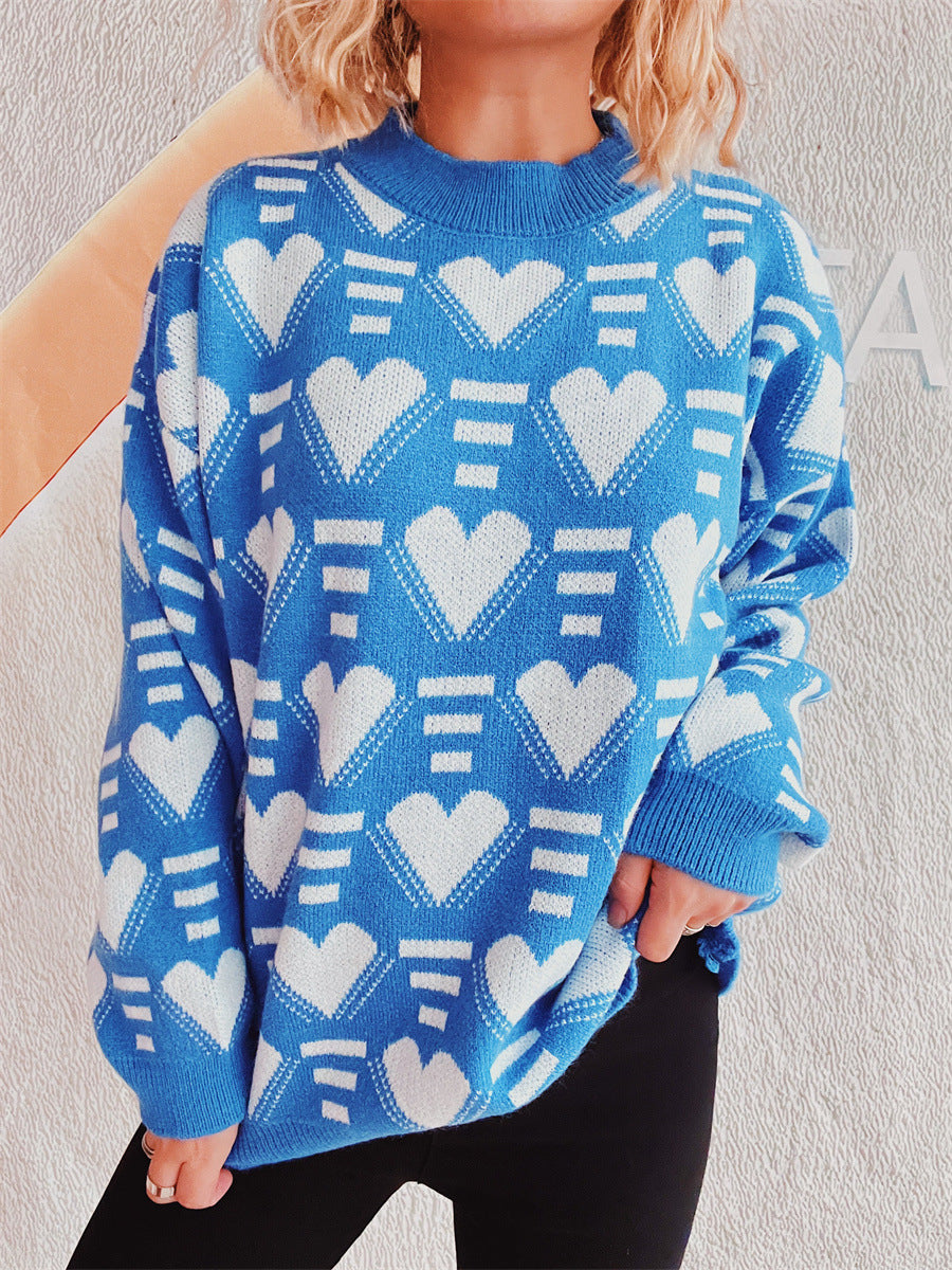 Charming Heart Contrast Oversized Sweater for Cozy Style
