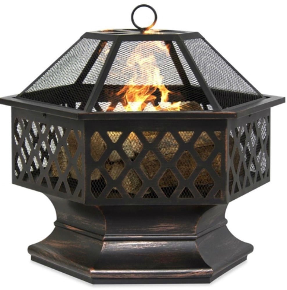 24 Inch Steel Distressed Bronze Lattice Design Fire Pit With Cover - Ruth Envision