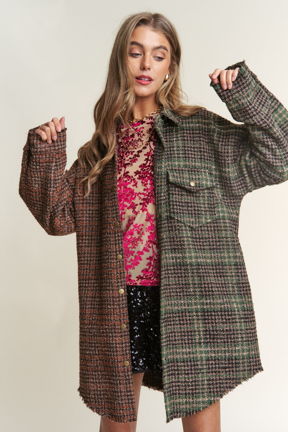 J.NNA Longline Tweed Plaid Shacket with Snap Down Closure