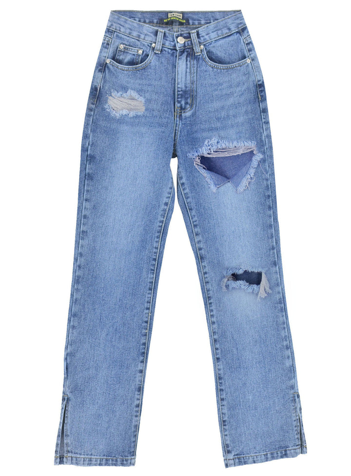 Women's Distressed High-Rise Straight-Leg Denim Pants with Slit Hem