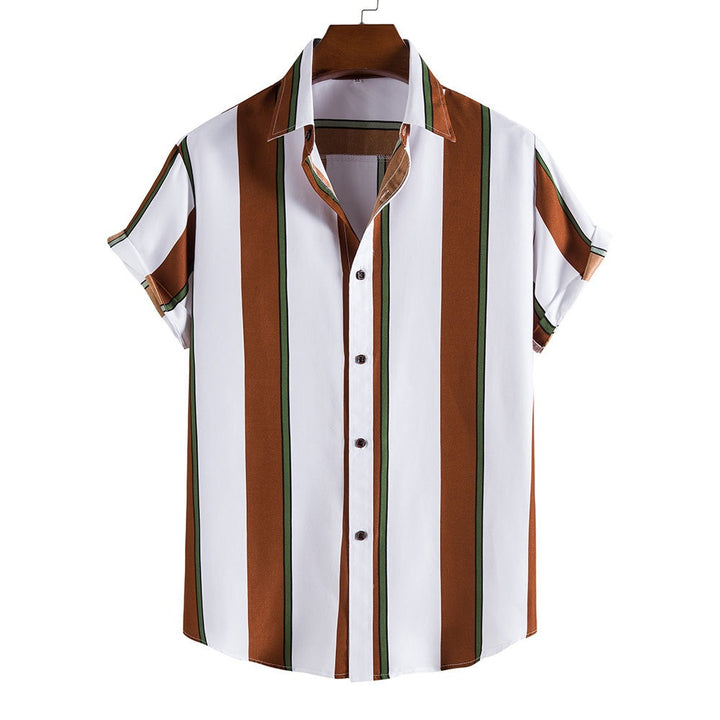 Men's Tropical-Inspired Short Sleeve Striped Cotton Blend Shirt