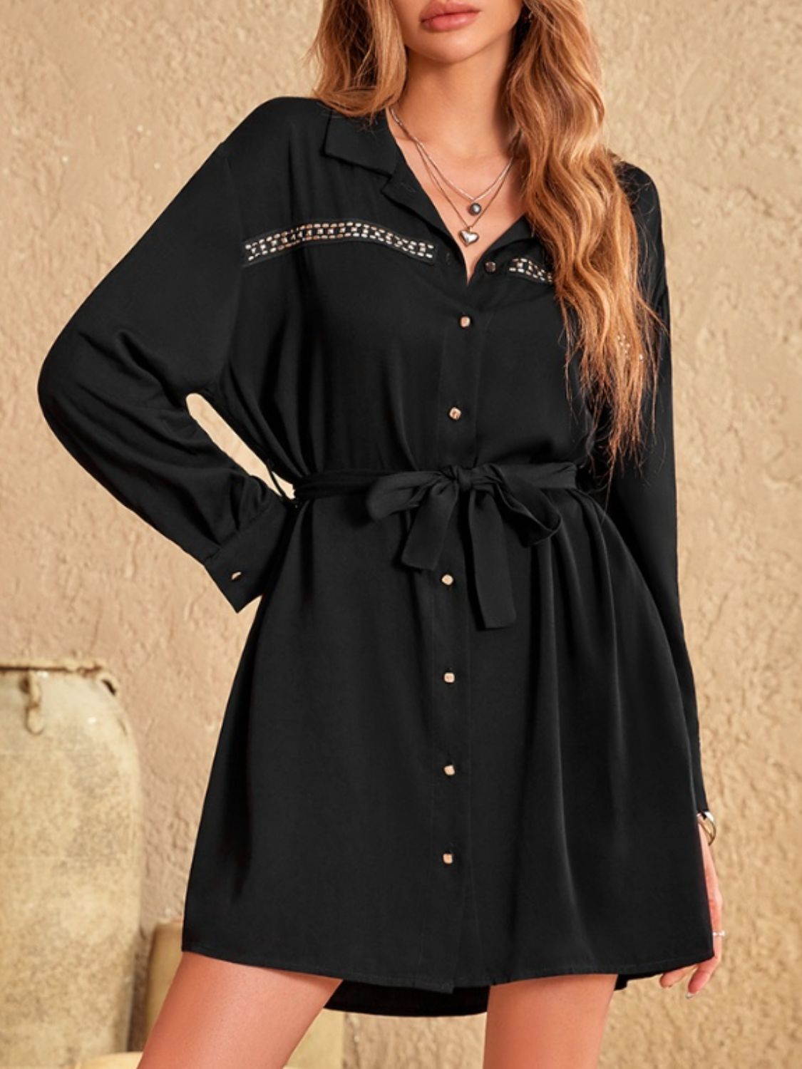 Rhinestone Embellished Collared Mini Dress with Long Sleeves