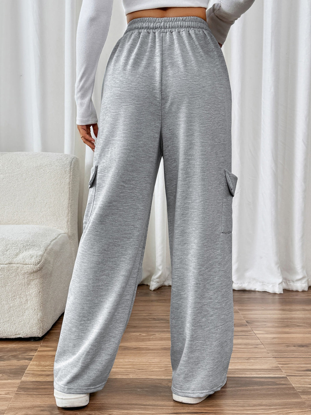 Perfee Stylish Opaque Wide Leg Pants with Adjustable Drawstring and Pockets