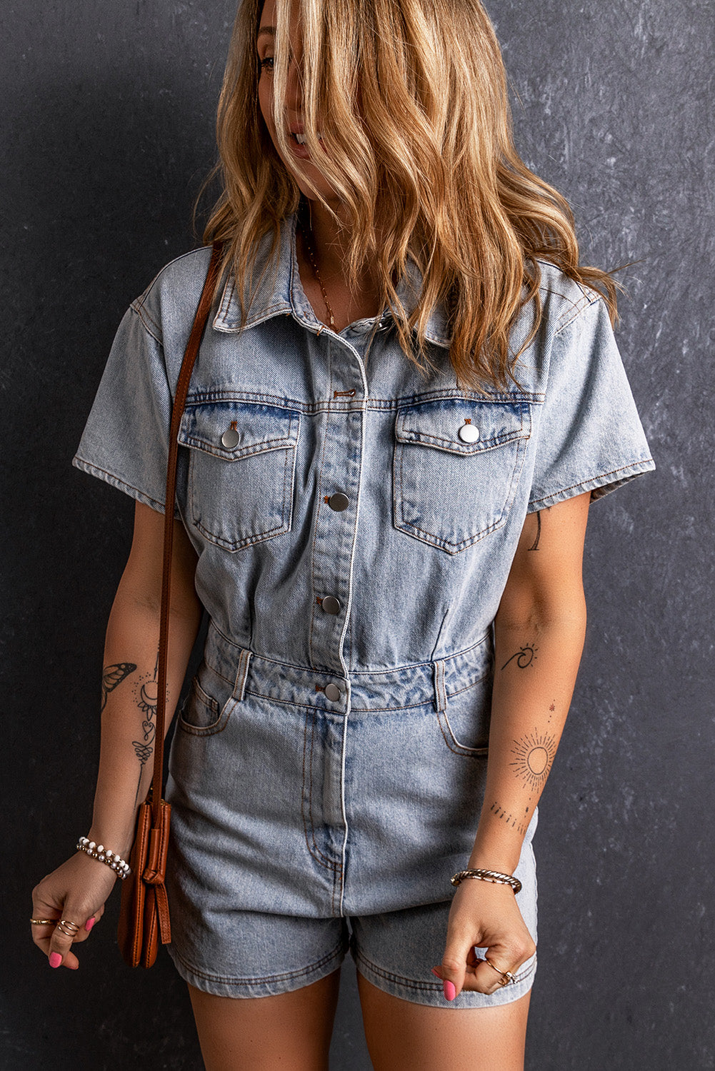 Collared Short Sleeve Denim Jumpsuit for Effortless Style