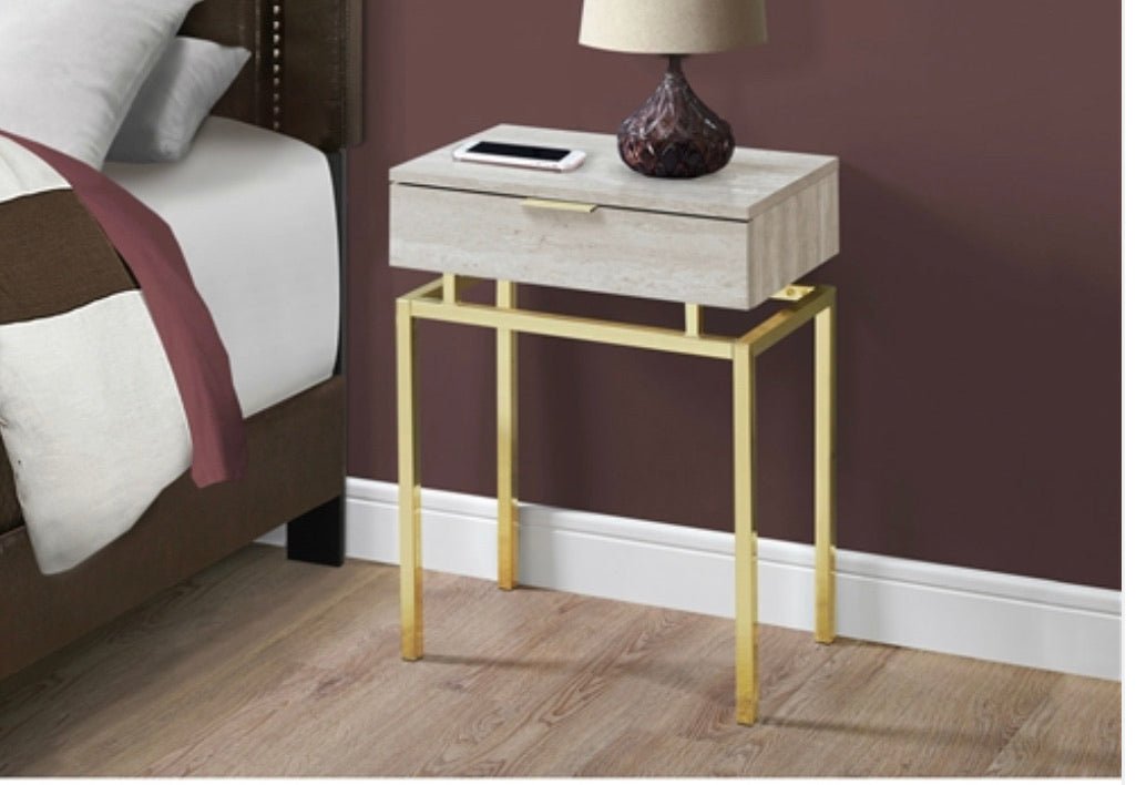 24in Modern End Table 1 Drawer Nightstand Beige Marble Gold Legs - Ruth Envision