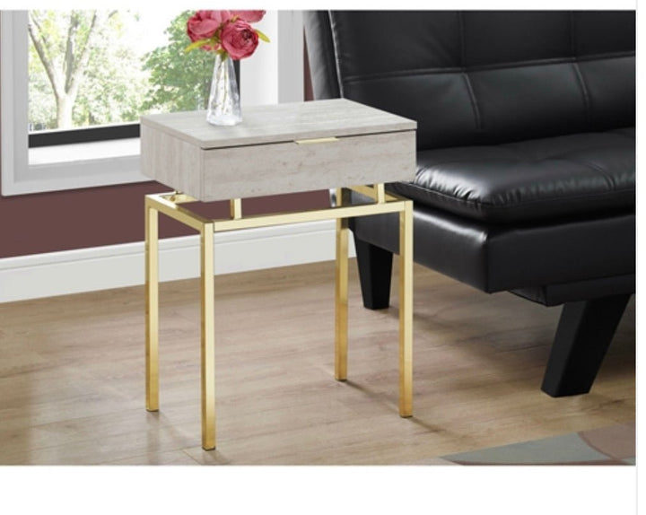 24in Modern End Table 1 Drawer Nightstand Beige Marble Gold Legs - Ruth Envision