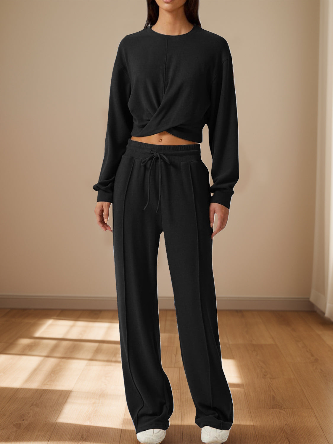 Trendy Crisscross Neck Top and Adjustable Waist Pants Set