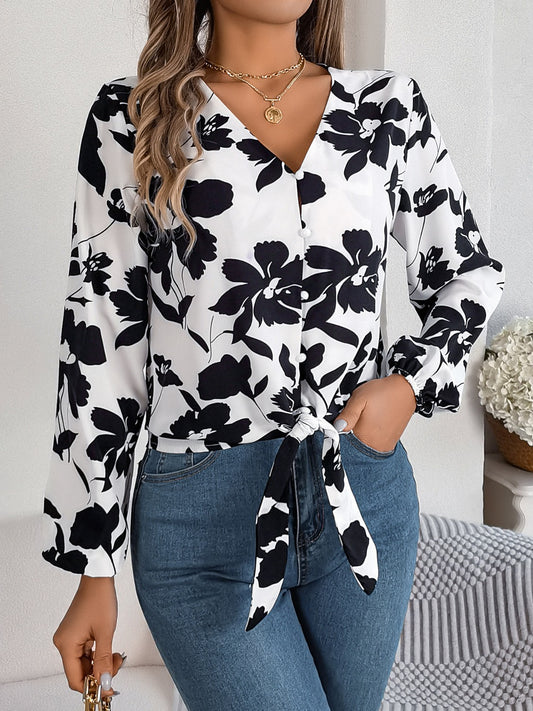 Elegant Printed Long Sleeve V-Neck Blouse for Women