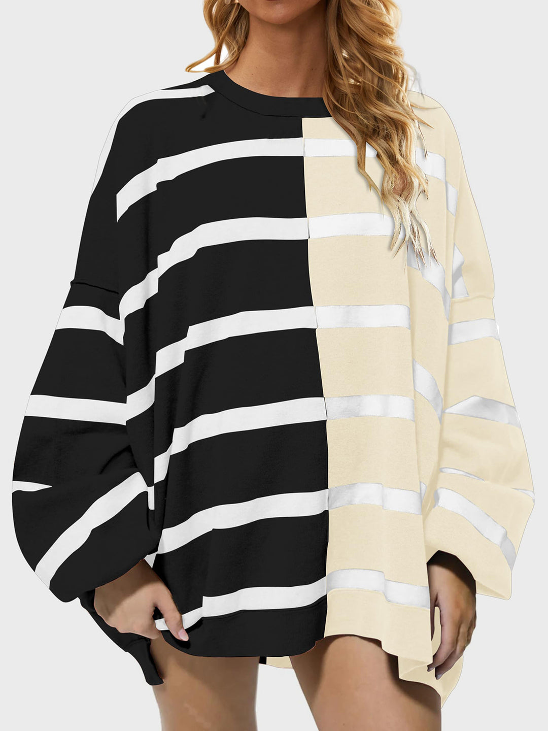 Chic Striped Knit Sweater with Round Neck and Long Sleeves