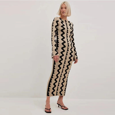 Chic Knitted Long Sleeve Flare Dress for Women Elegant Skirt