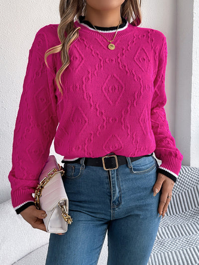 Contrast Trim Round Neck Long Sleeve Sweater for Women