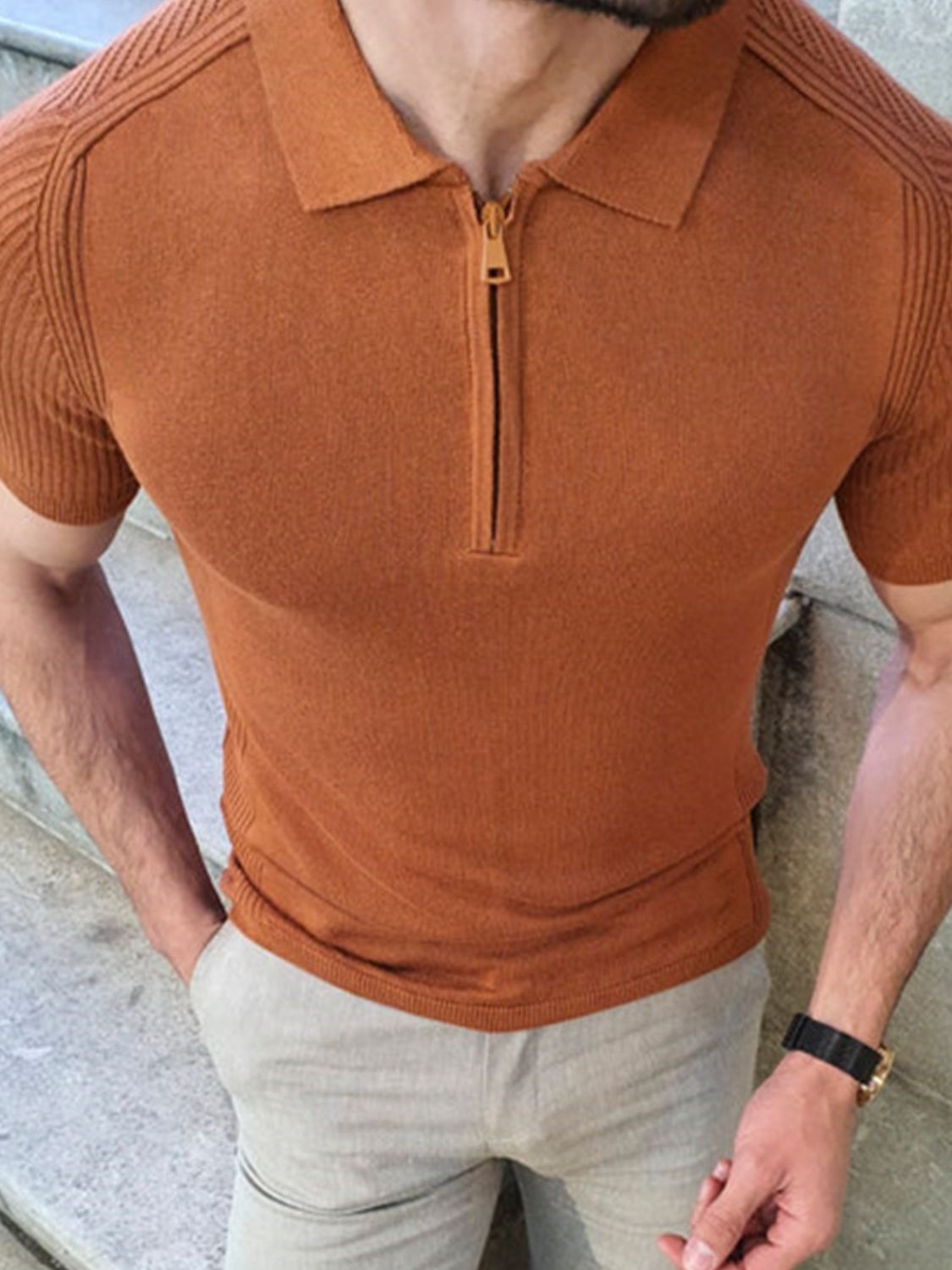 Men's Collared Neck Quarter Zip Knit Polo for Stylish Comfort