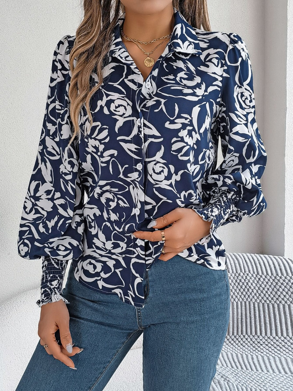 Stylish Printed Lantern Sleeve Button-Up Blouse for Women