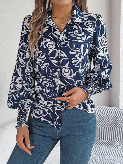 Stylish Printed Lantern Sleeve Button-Up Blouse for Women