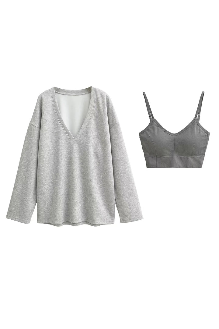 Chic V-Neck Long Sleeve Sweatshirt with Built-in Bra