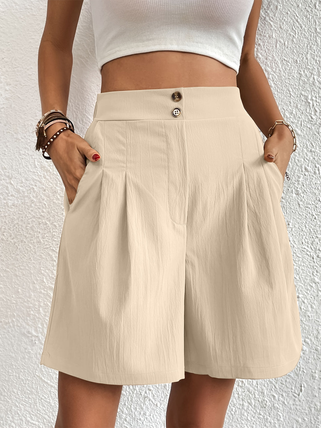 Elegant Ruched Elastic Waist Shorts with Pockets for Women