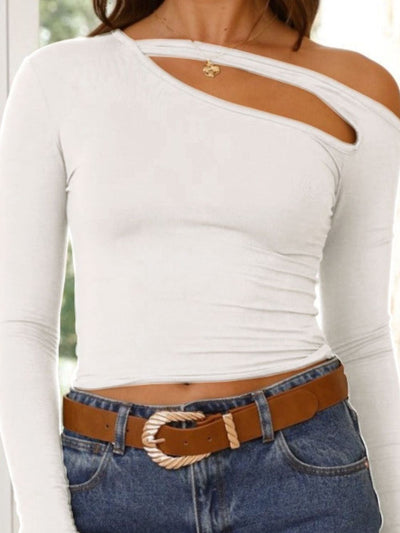 Cutout Asymmetrical Neck Long Sleeve T-Shirt for Women