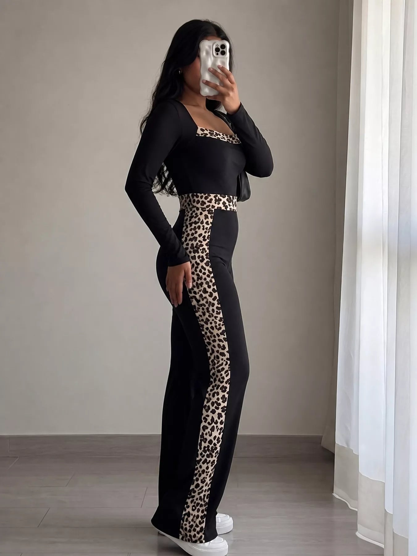 Leopard Trim Long Sleeve Jumpsuit