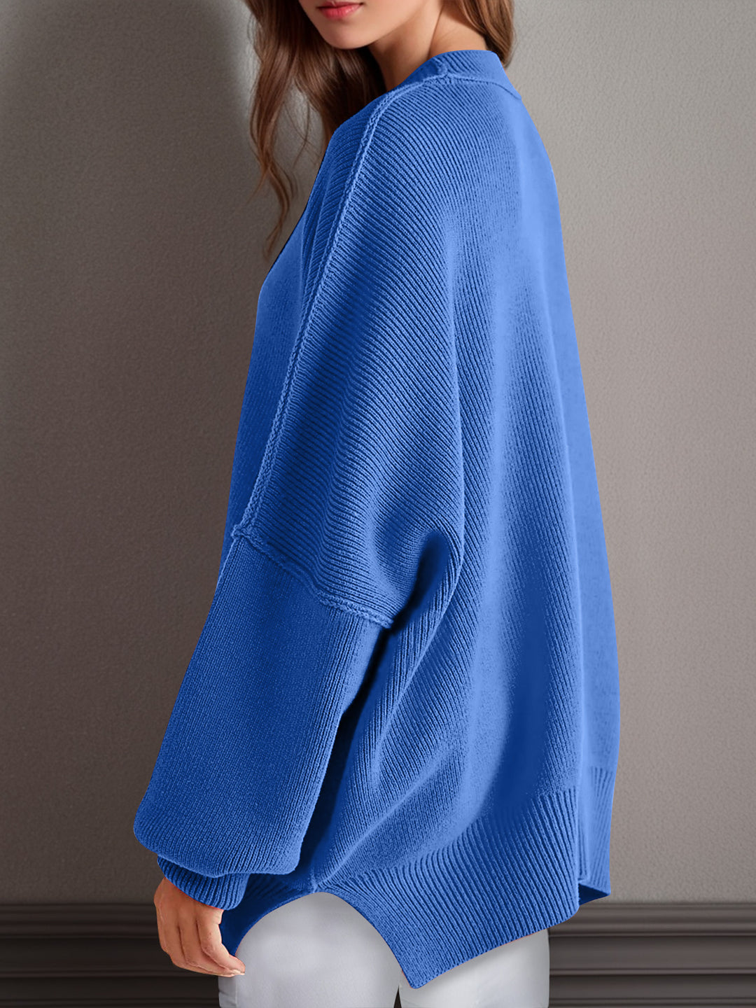 Chic Side Slit Long Sleeve Sweater with Round Neck