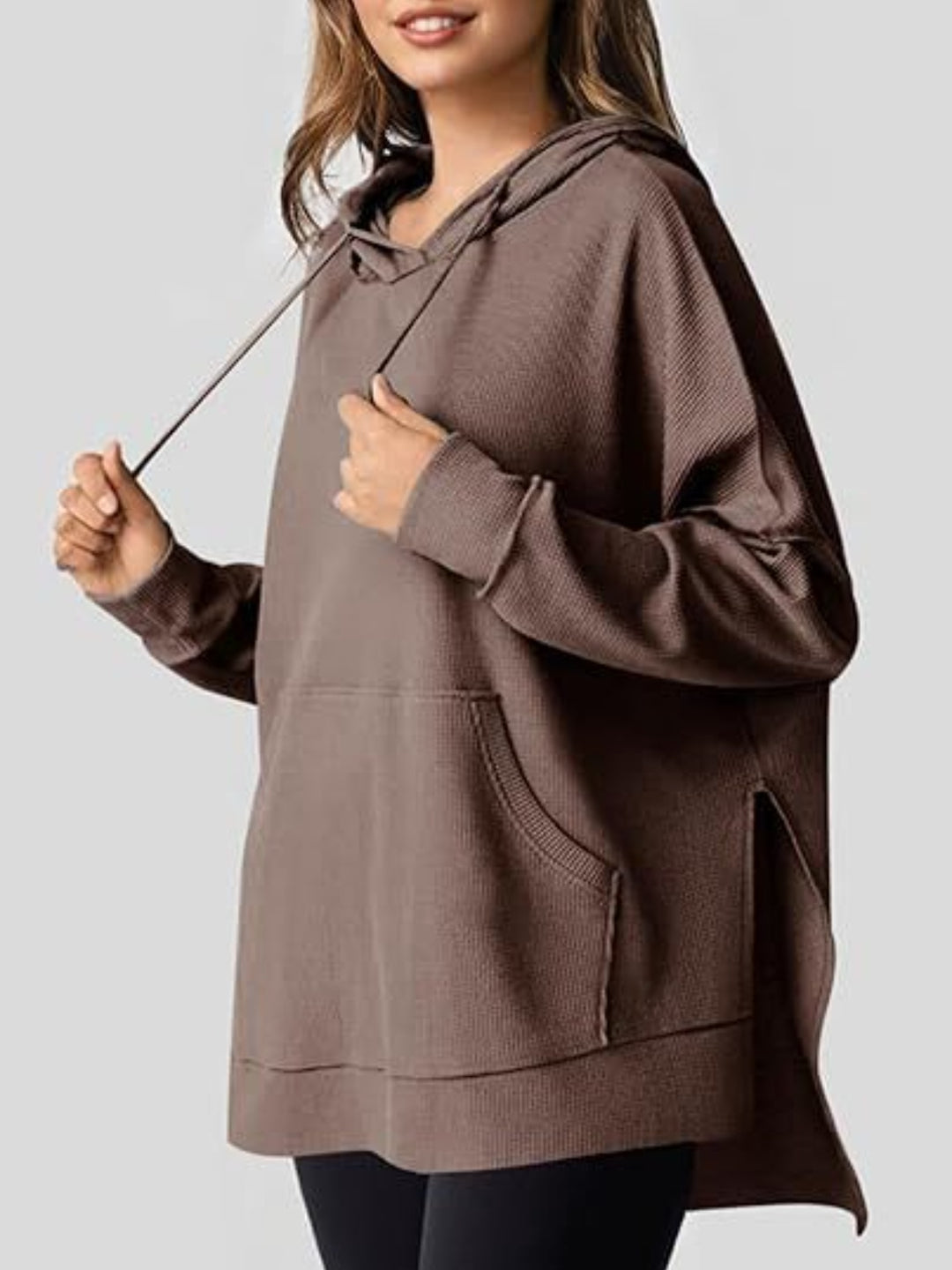 Sheer Slit Hooded Long Sleeve Top with Drawstring