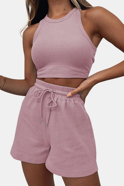 Stylish Round Neck Lounge Set with Adjustable Shorts Set